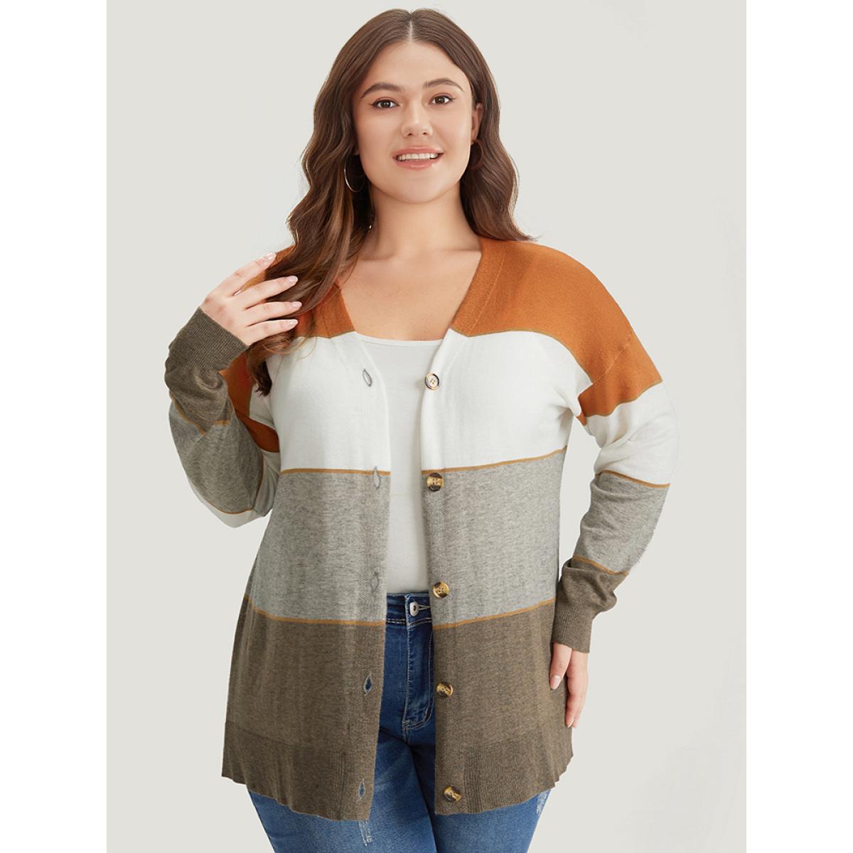 Plus Size Supersoft Essentials Colorblock Contrast Button Up Lightweight Cardigan Gray Women Casual Long Sleeve Dailywear Cardigans BloomChic 22-24/3X Product Image
