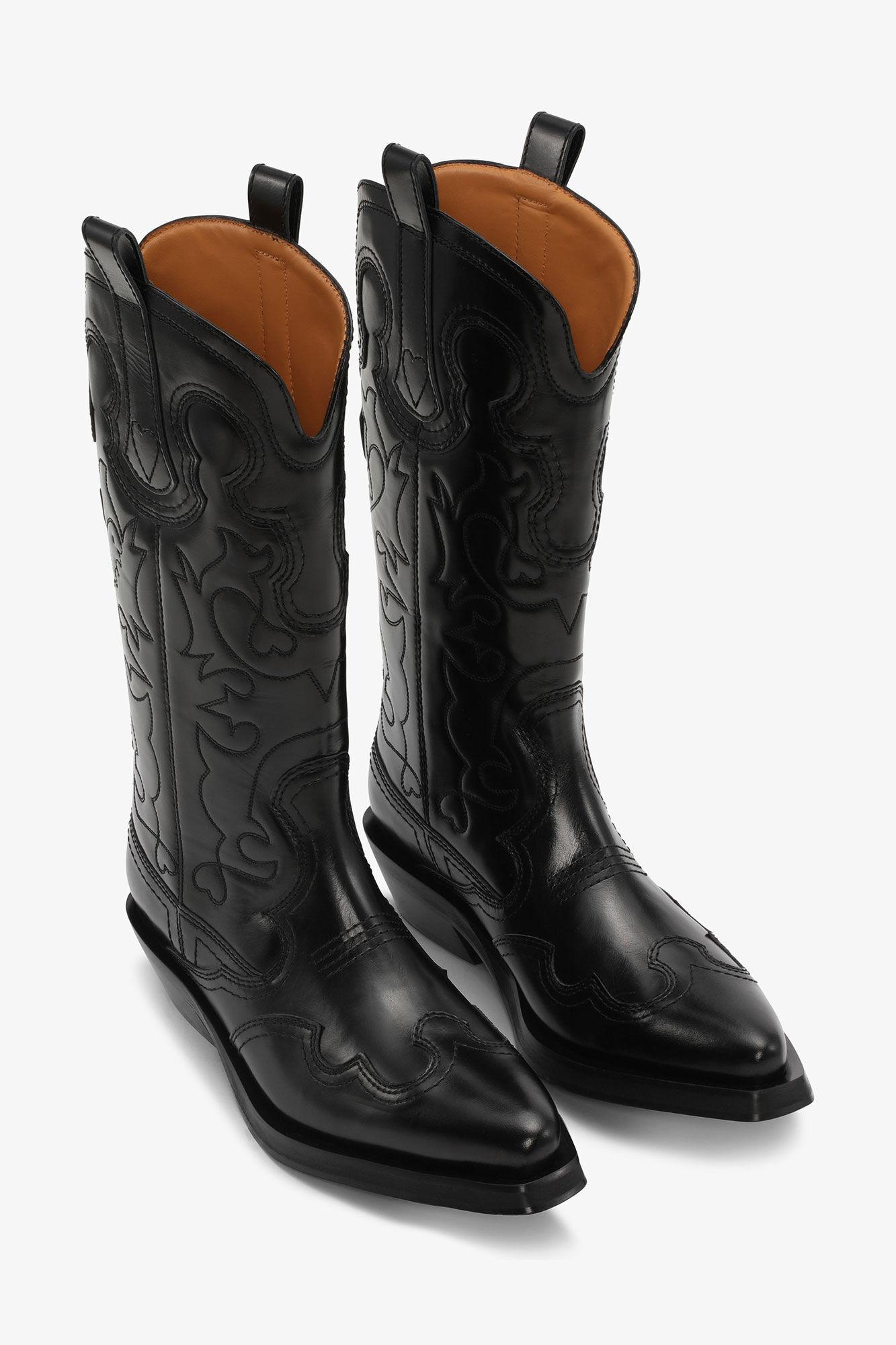 Mid Shaft Embroidered Western Boots in Black Product Image