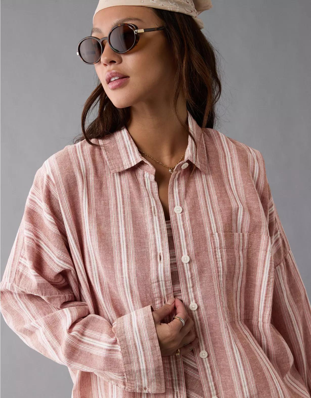 AE Go Big Linen-Blend Oversized Striped Shirt Product Image