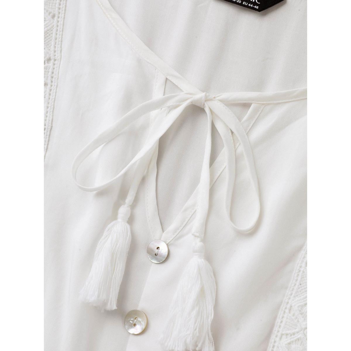 Plus Size Rayon Lace Trim Cinched-Waist Midi Dress Ivory Women Notched collar Half Sleeve Curvy BloomChic 26/4X Product Image