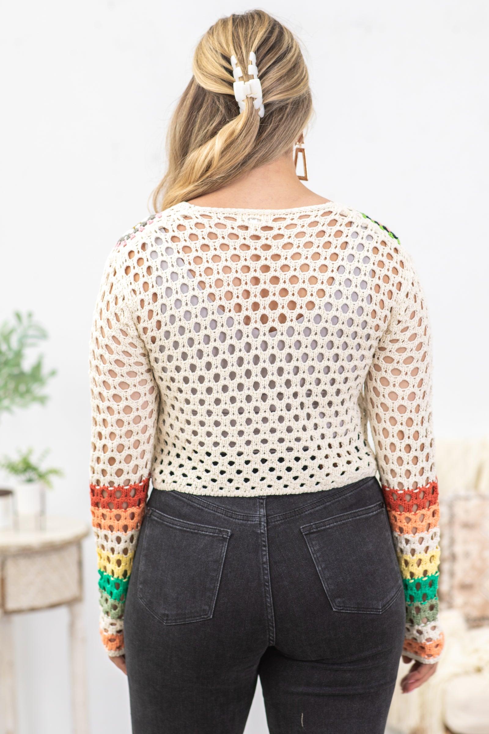 Ivory Multicolor Crochet Button Up Cardigan Product Image