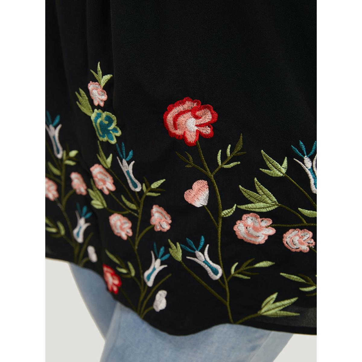 Plus Size Black Floral Embroidered Frill Trim Cold Shoulder Blouse Women Elegant Short sleeve Cold Shoulder Dailywear Blouses BloomChic 12/L Product Image