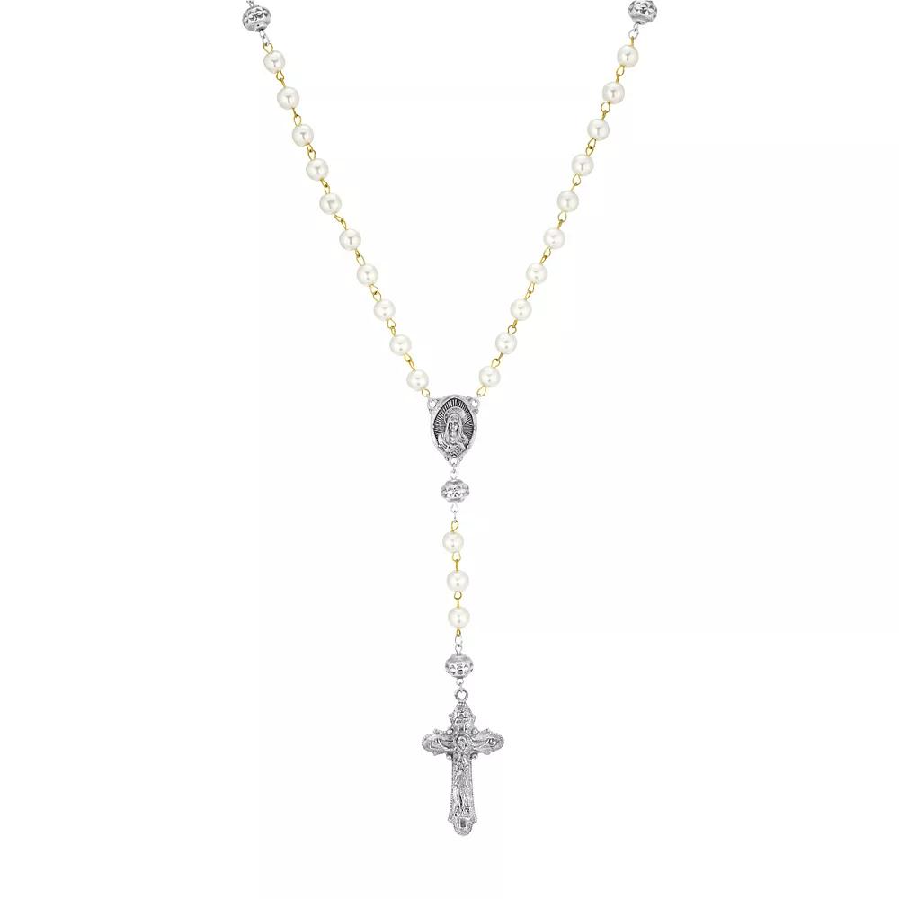 1928 Silver Tone Crucifix Simulated Pearl Rosary, Womens, White Product Image