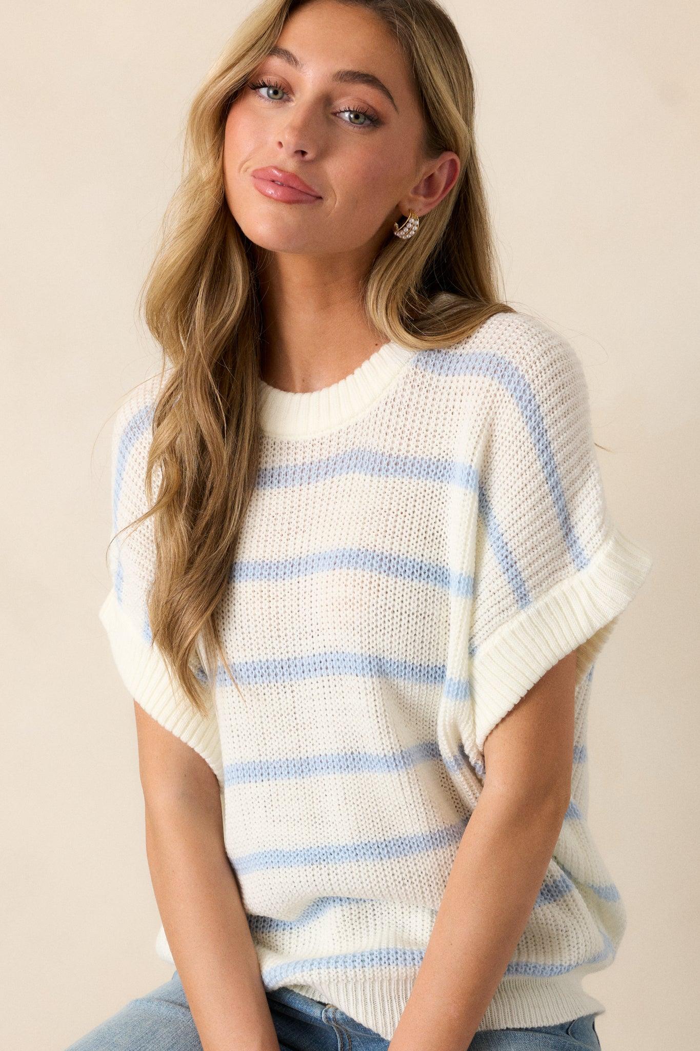 Where You Belong White & Blue Stripe Short Sleeve Sweater Top Product Image