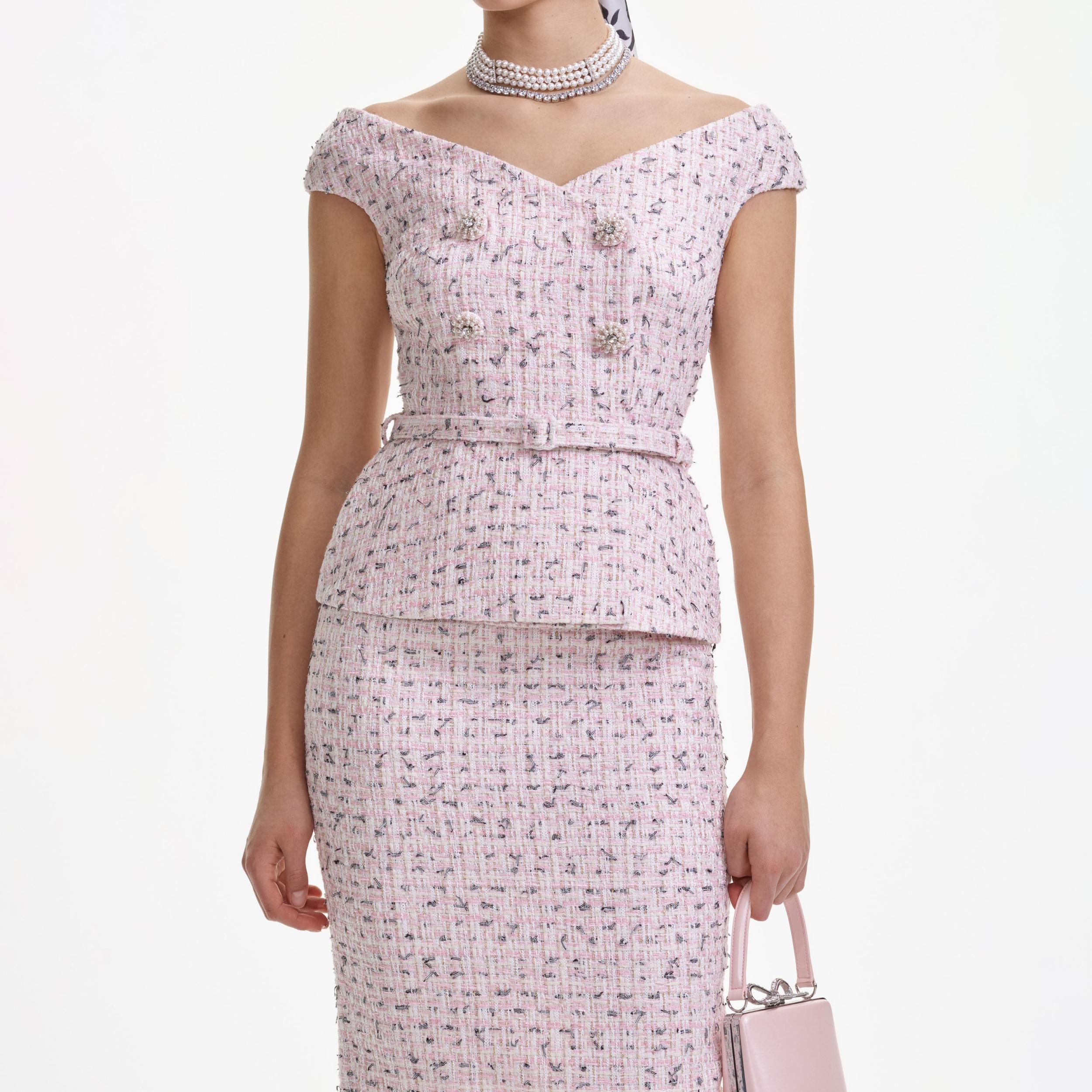 Pink Boucle Pearl Midi Dress Product Image