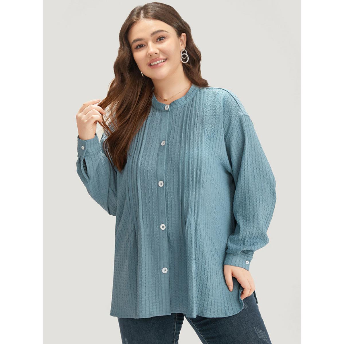 Plus Size Plisse Button Up Curved Hem Kimono Women Stone Casual Texture Everyday Kimonos BloomChic 12/L Product Image