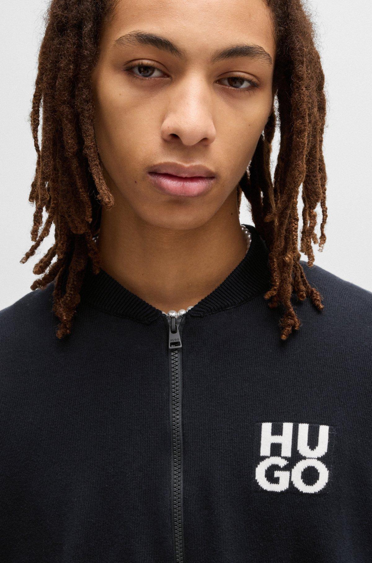 Zip-up cardigan in cotton with stacked logo Product Image