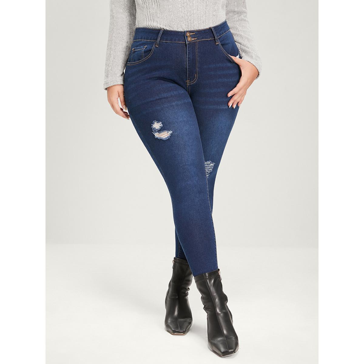Plus Size Skinny Extremely Stretchy High Rise Dark Wash Distressed Jeans Women Blue Casual Plain Distressed High stretch Pocket Jeans BloomChic 24/3X Product Image