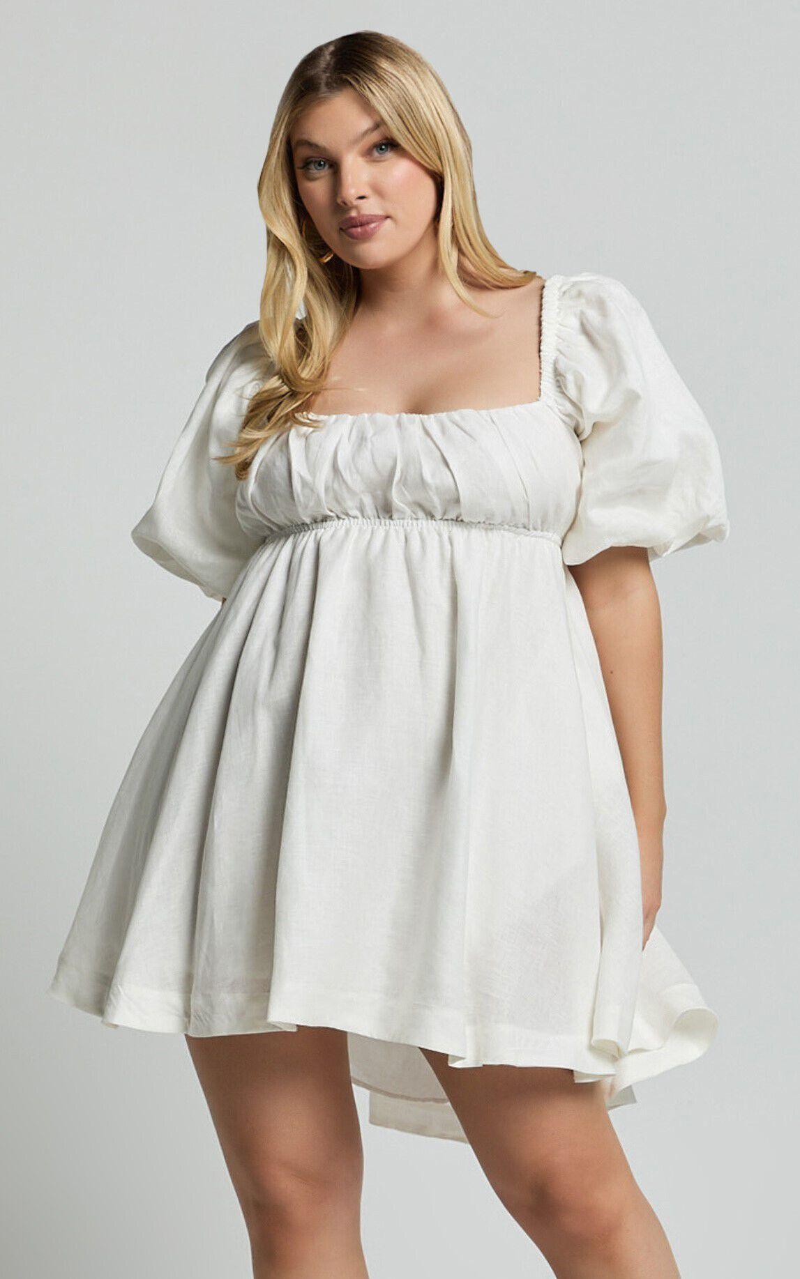 Amalie The Label - Hamyya Linen Tie Back Puff Sleeve Mini Linen Dress in White Product Image