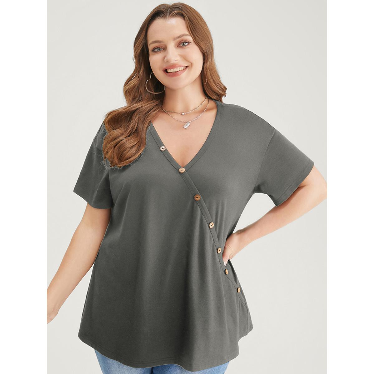 Plus Size Plain Surplice Neck Button Detail T-shirt DimGray Women Elegant Plain V-neck Dailywear T-shirts BloomChic 18-20/2X Product Image