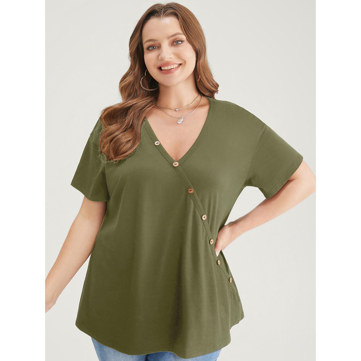 Plus Size Plain Surplice Neck Button Detail T-shirt ArmyGreen Women Elegant Plain V-neck Dailywear T-shirts BloomChic 14-16/1X Product Image