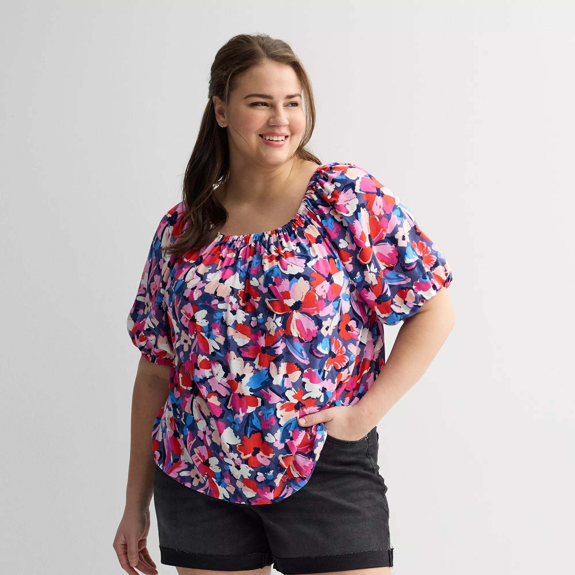 Plus Size Sonoma Goods For Life® Peasant Top, Women's, Size: 1XL, Blue Pink Floral Product Image