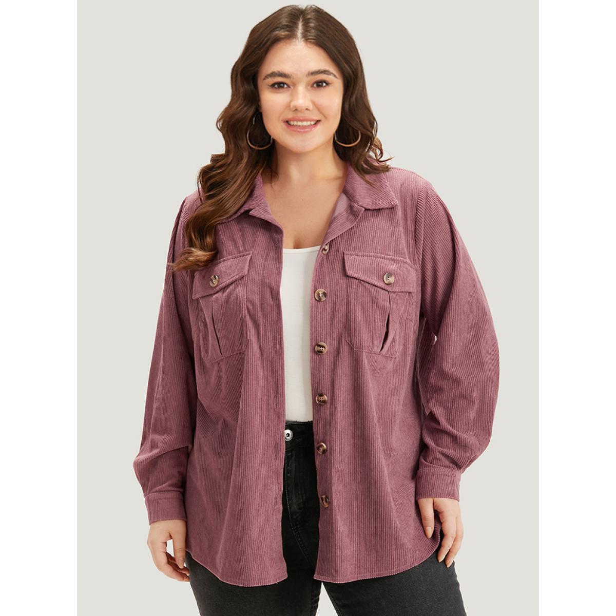 Plus Size Plain Texture Pocket Button Through Shirt Collar Coat Women DustyPink Casual Texture Ladies Dailywear Winter Coats BloomChic 10/M Product Image