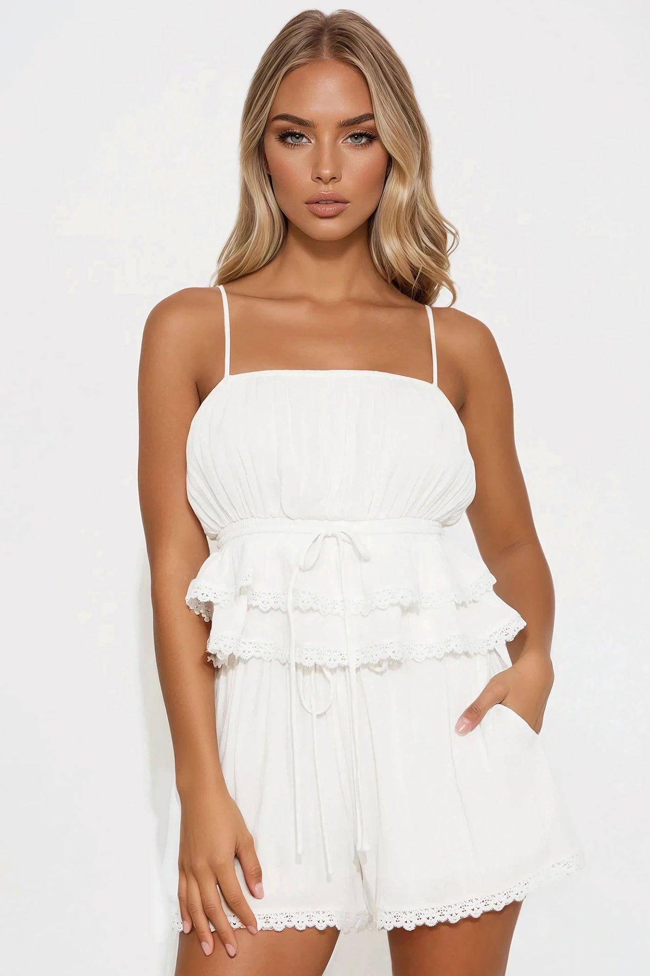 Annabelle Lace Trim Short Set - Off White Product Image