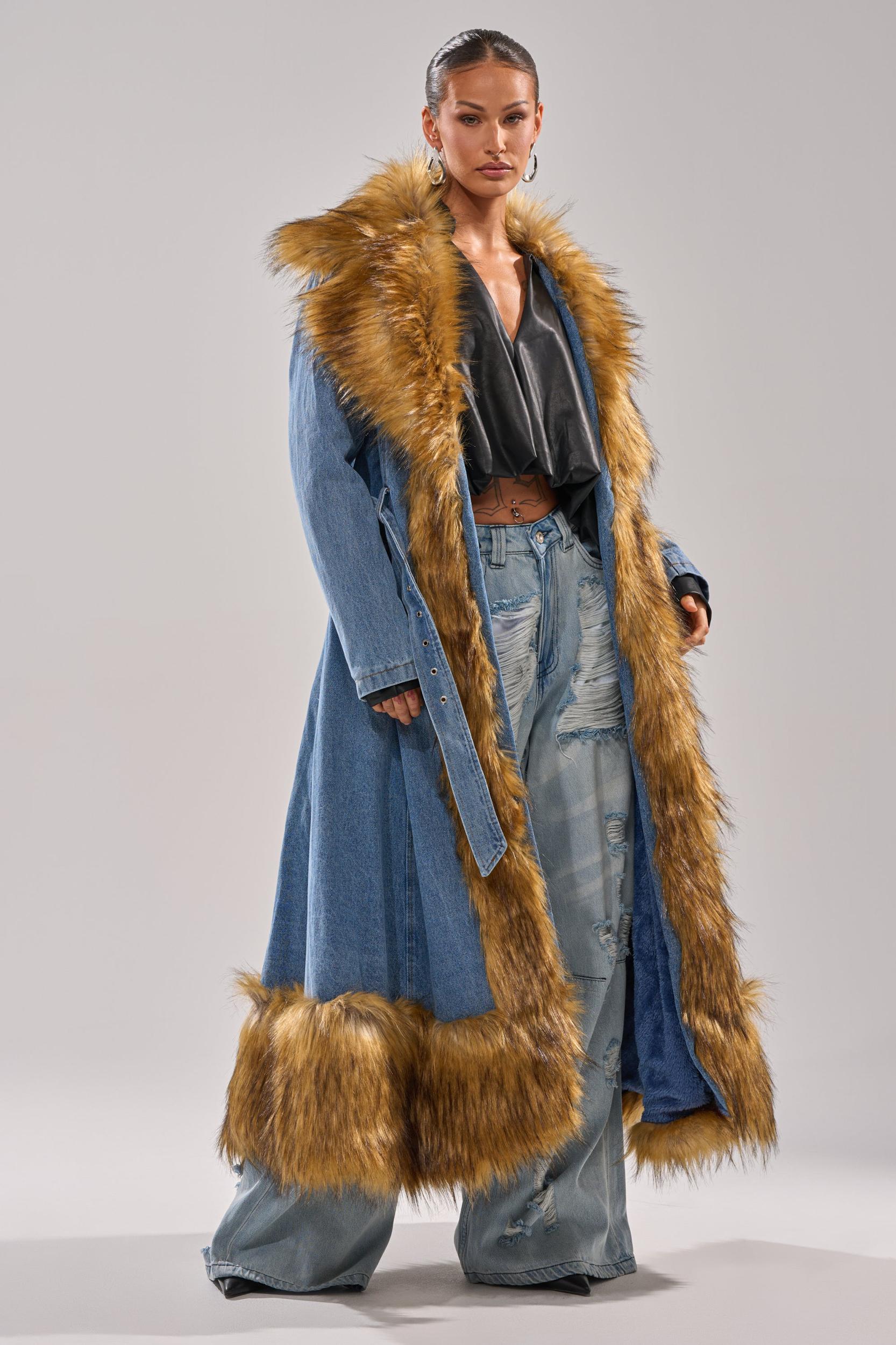 VIVIAN FUR TRIM TRENCH IN DENIM Product Image