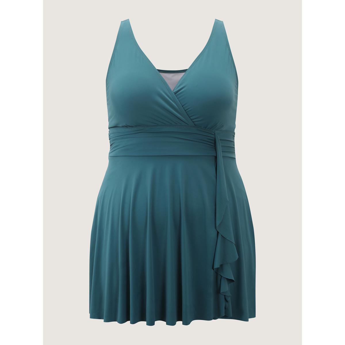 Plus Size Ruffled Hem Cinched Waist Swim Dress Women's Swimwear Teal Resort Bodycon Overlap Collar High stretch Curve Swim Dresses BloomChic 10/M Product Image