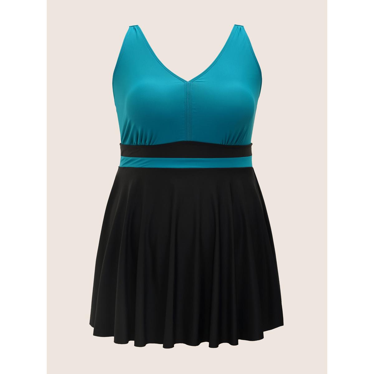 Plus Size V Neck Two Tone Patchwork Swim Dress Women's Swimwear Emerald Beach Bodycon V-neck High stretch Curve Swim Dresses BloomChic 30/6X Product Image