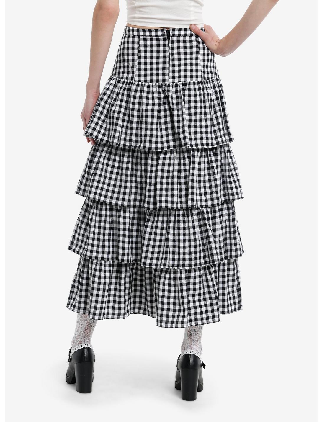 Thorn & Fable Black & White Gingham Tiered Midi Skirt Product Image