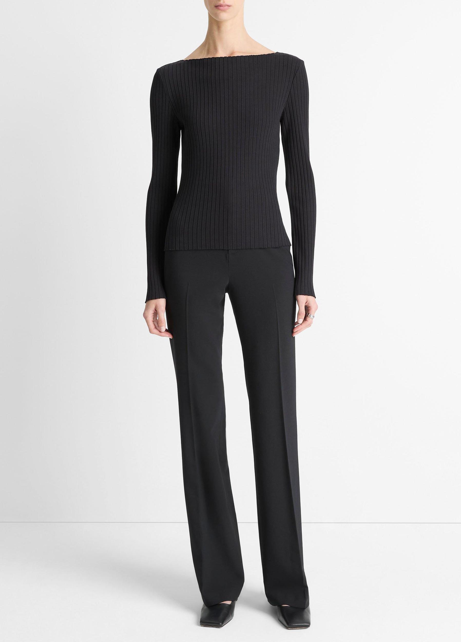 Ribbed Cotton-Blend Slash-Neck Long-Sleeve Top Product Image