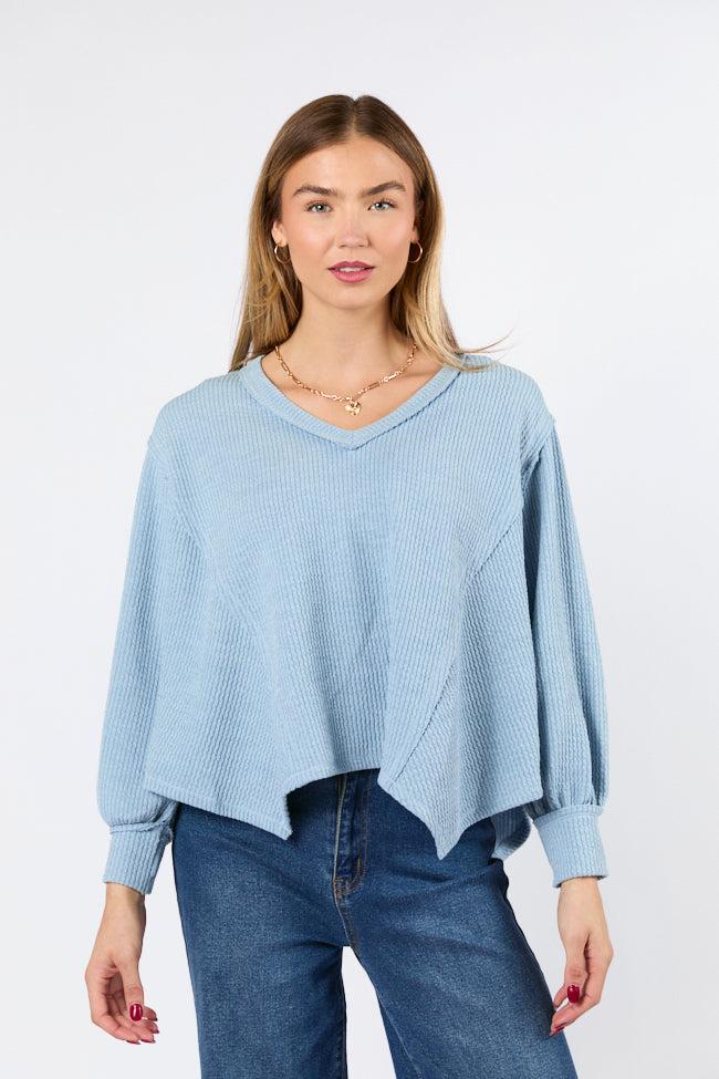 Never Say Never Dusty Blue Ribbed Knit V-Neck Long Sleeve Top FINAL SALE Product Image