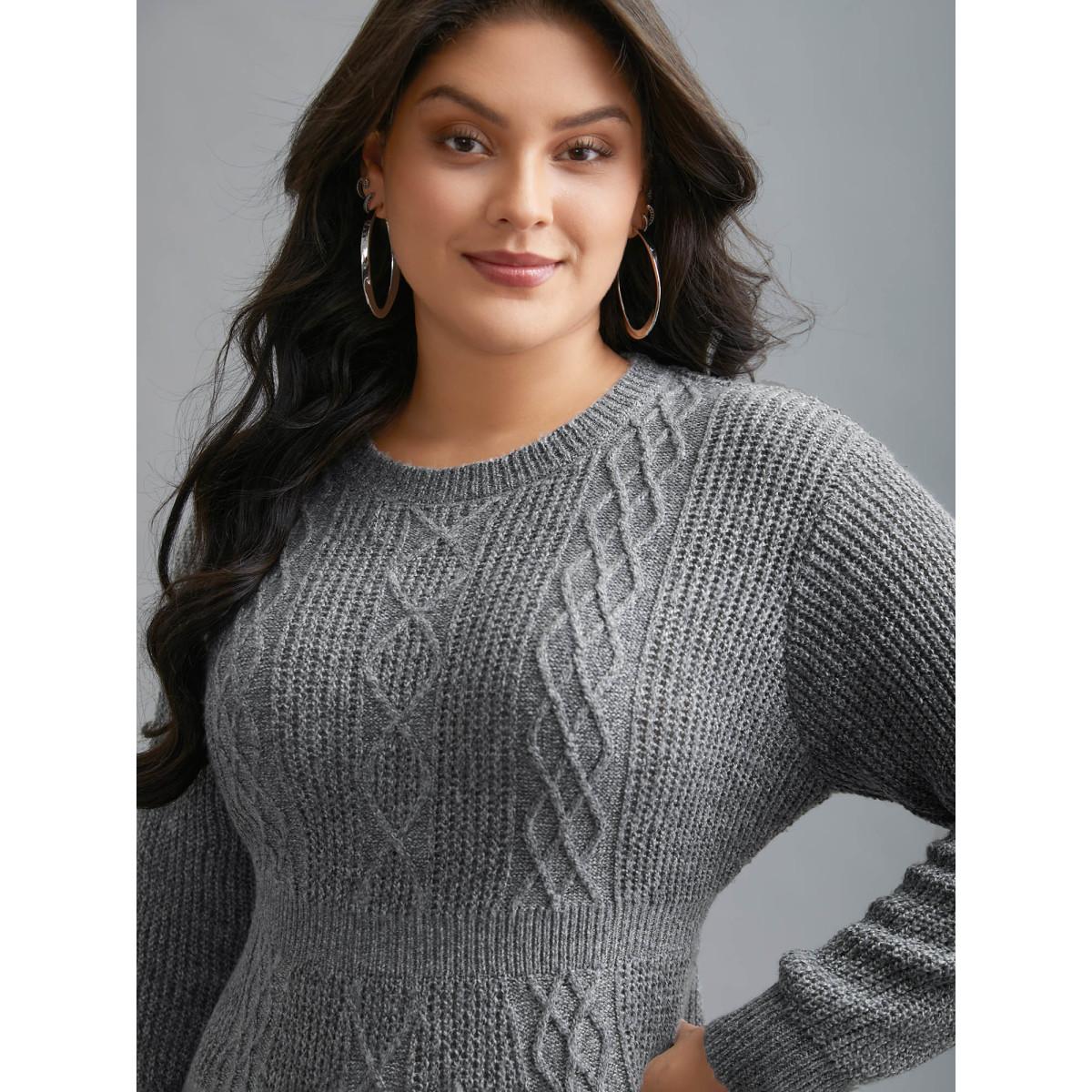 Plus Size Cable Knit Ribbed Waist Cinched Midi Sweater Dress Mediumgray Women Elegant Bodycon Long Sleeve Everyday Sweater Dresses BloomChic 30/6X Product Image