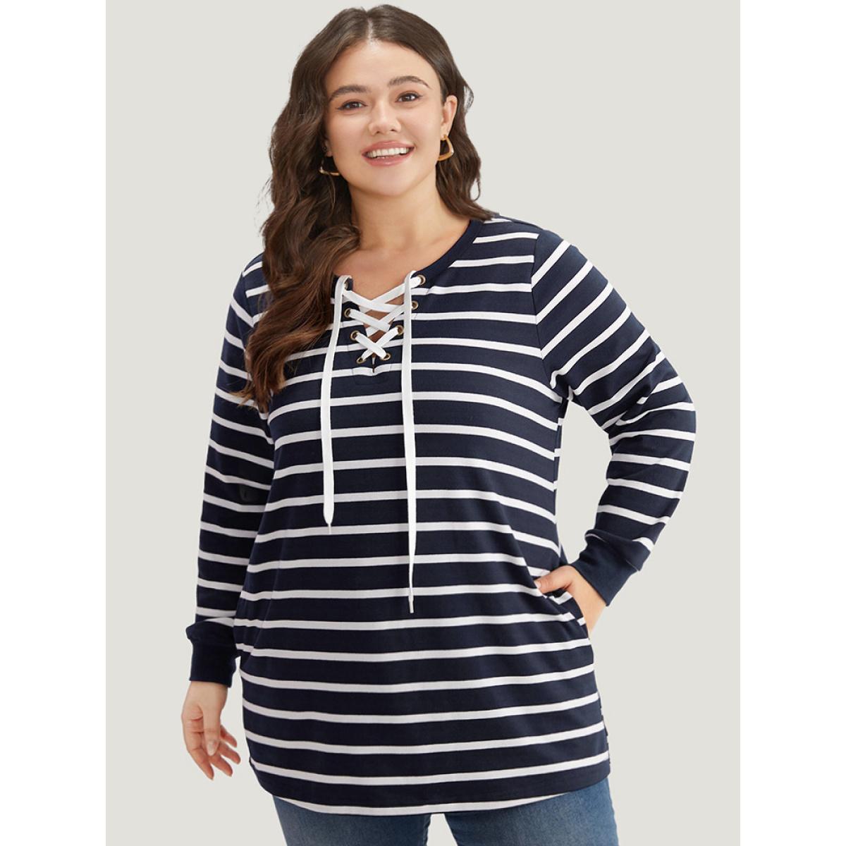 Plus Size Striped Patchwork Pocket Lace Up Sweatshirt Women Indigo Casual Elastic cuffs Notched collar Dailywear Sweatshirts BloomChic 12/L Product Image