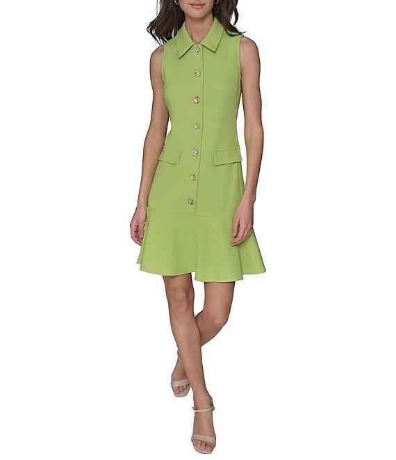 KARL LAGERFELD PARIS Scuba Crepe Point Collar Neck Sleeveless Button Front Shirt Mini Dress Product Image