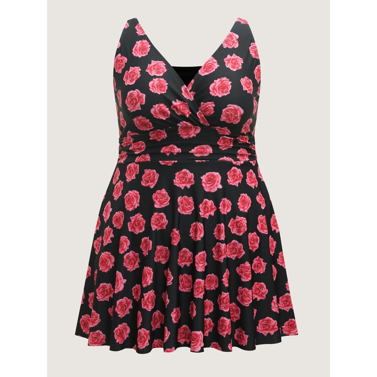 Plus Size Anti-Float Tie Rosy Print Swim Dress Women's Swimwear Black Beach Bodycon Overlap Collar High stretch Curve Swim Dresses BloomChic 30/6X Product Image