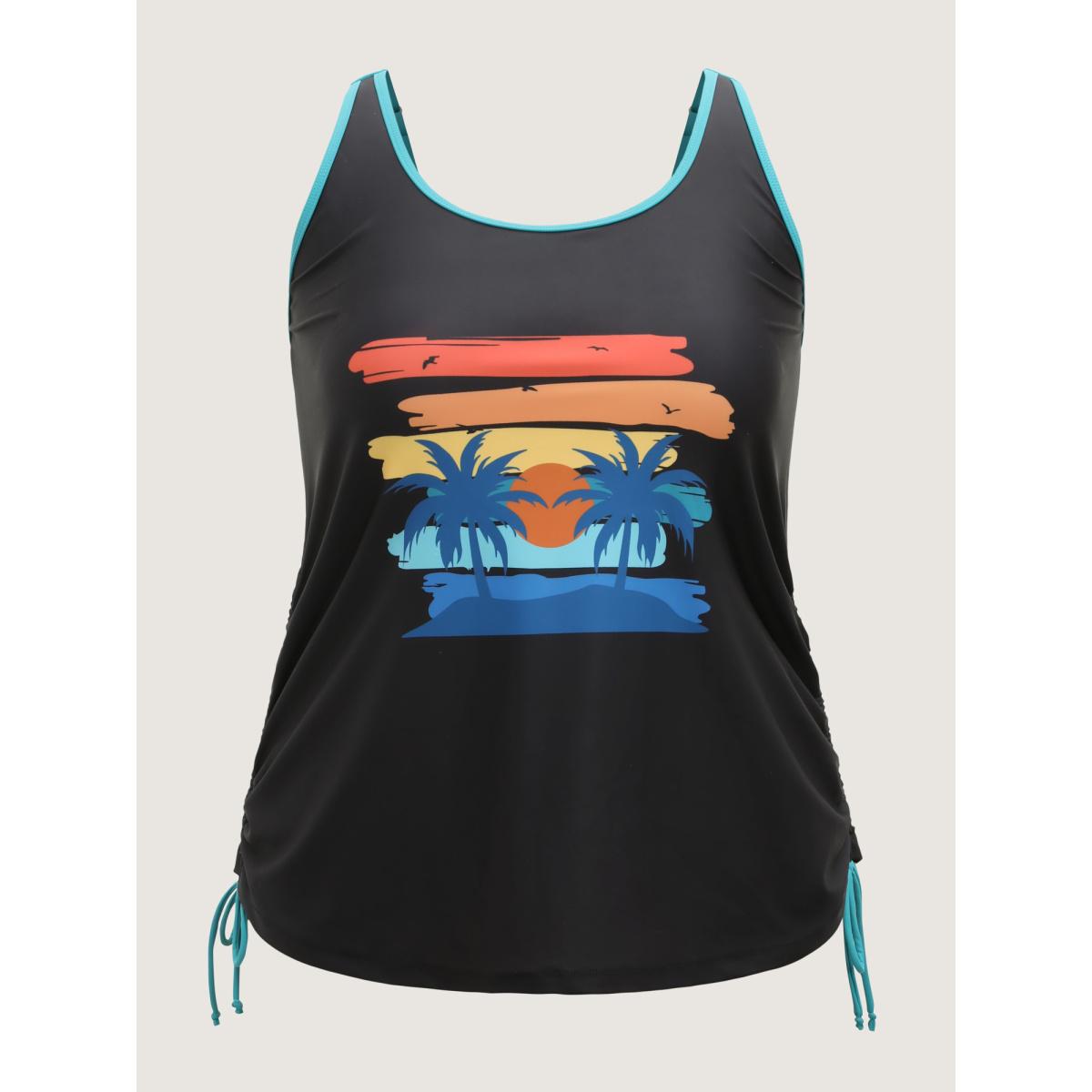 Plus Size Tropical Vibrance Side Drawstring Swim Top Women's Swimwear Black Beach Contrast High stretch Bodycon U-neck Curve Swim Tops BloomChic 14-16/1X Product Image