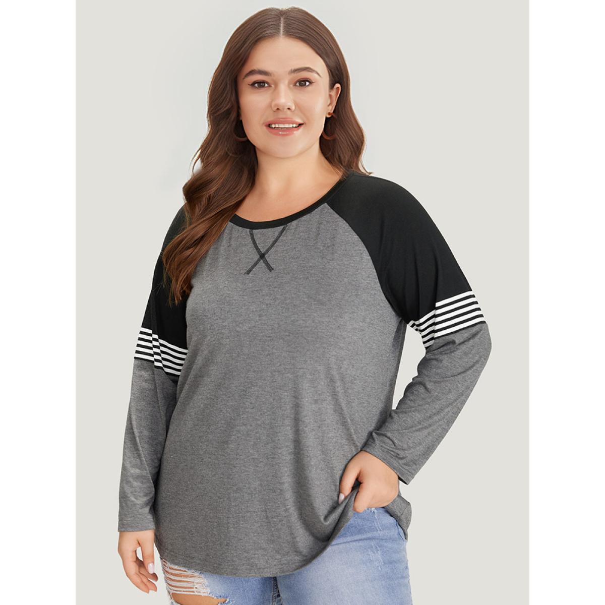 Plus Size Striped Contrast Raglan Sleeve T-shirt Gray Women Casual Striped Round Neck Everyday T-shirts BloomChic 26/4X Product Image