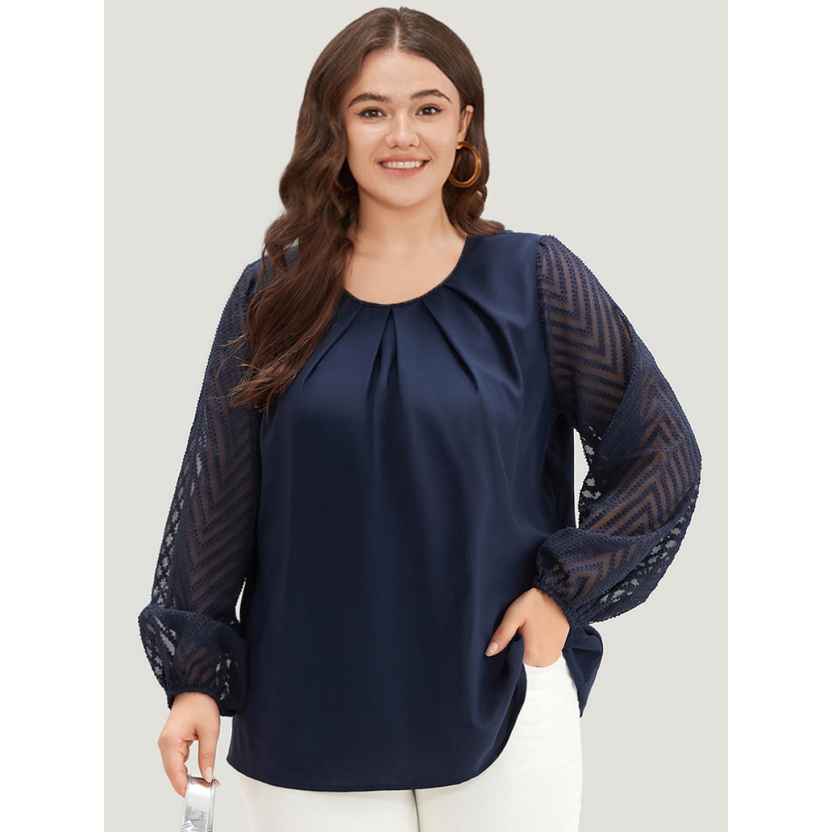 Plus Size Indigo Anti-Wrinkle Patchwork Mesh Pleated Blouse Women Office Long Sleeve Round Neck Work Blouses BloomChic 26/4X Product Image