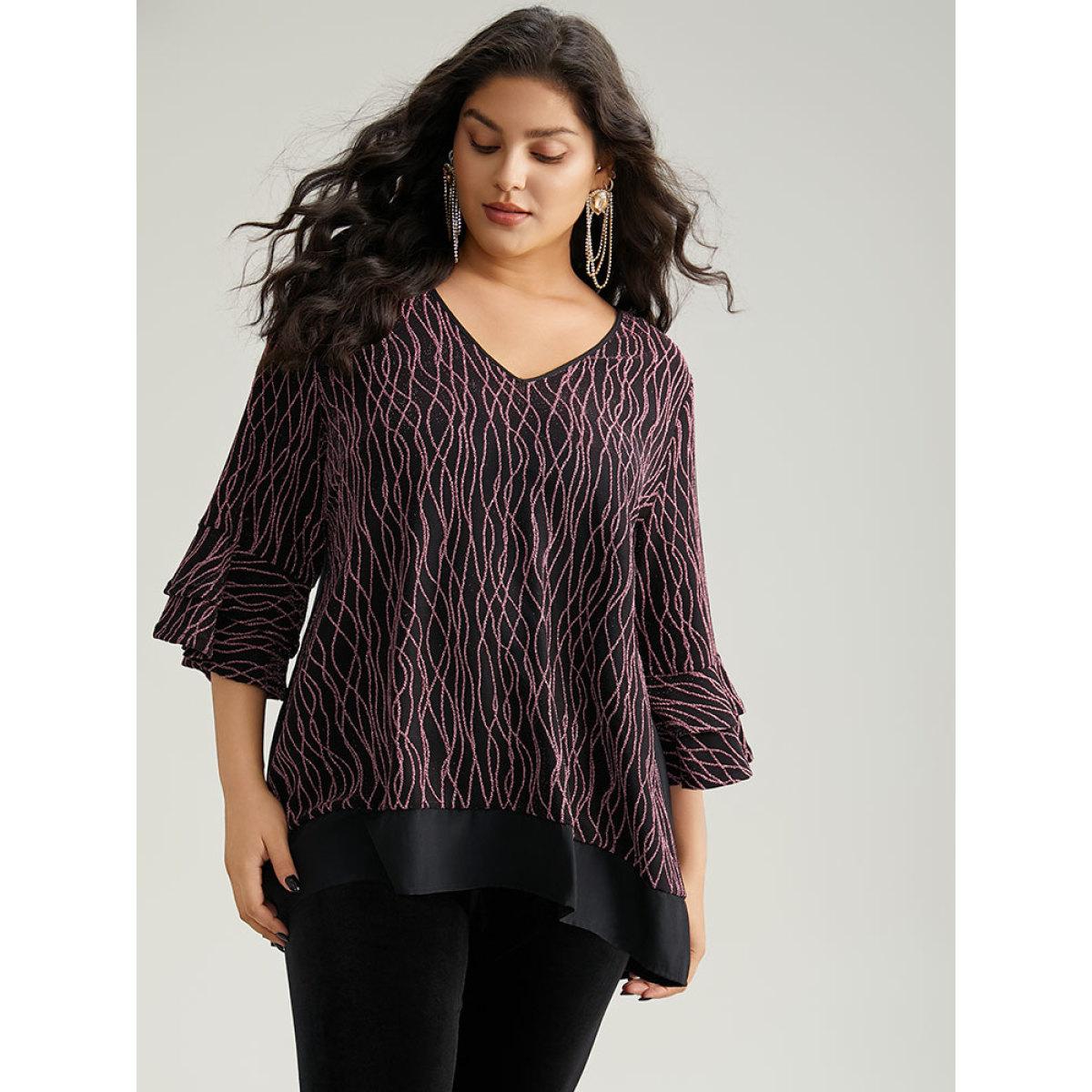 Plus Size Black Lurex Layered Ruffle Sleeve Patchwork Blouse Women Glamour Elbow-length sleeve V-neck Festival-Christmas Blouses BloomChic 10/M Product Image