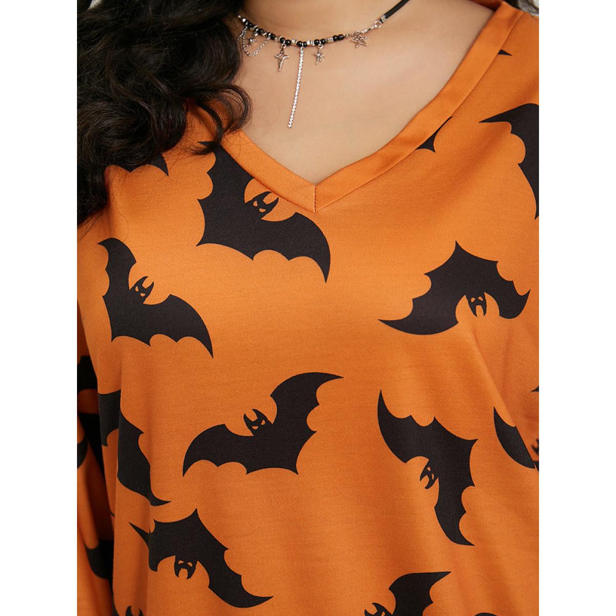 Plus Size Halloween Bat Print V Neck Sweatshirt Women OrangeRed Casual Elastic cuffs V-neck Festival-Halloween Sweatshirts BloomChic 10/M Product Image