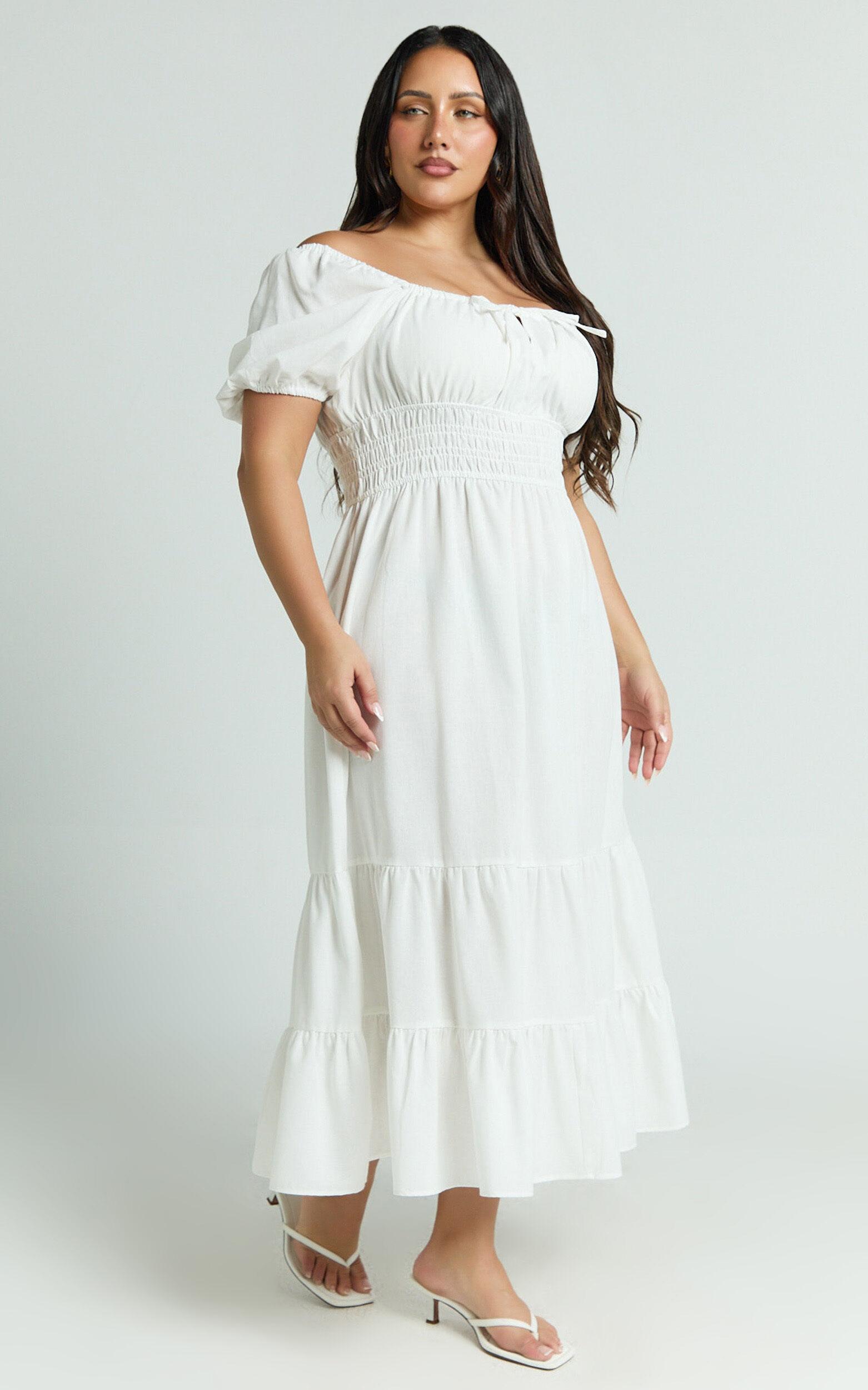Claritza Midi Dress - Linen Look Short Puff Sleeve Square Neck Tiered Dress in White Product Image