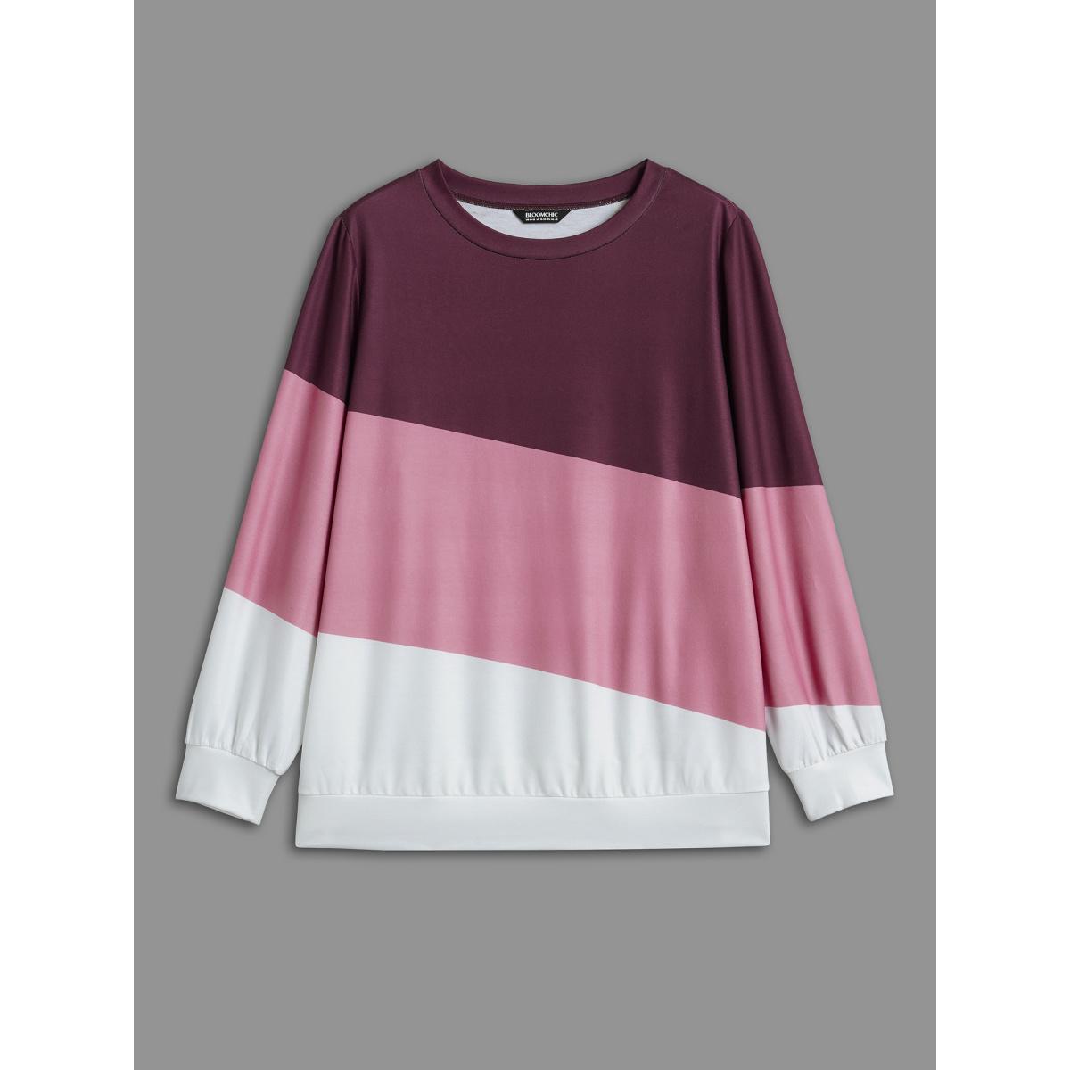 Plus Size Color Block Round Neck Sweatshirt Women Multicolor Casual Contrast V-neck Everyday Sweatshirts BloomChic 30/6X Product Image