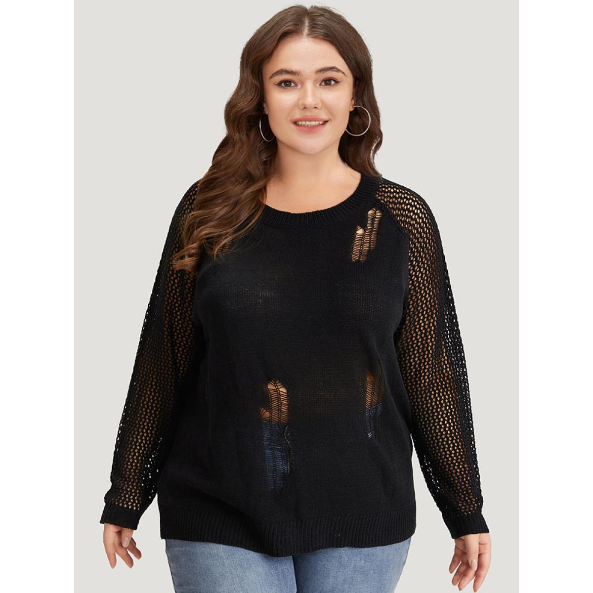 Plus Size Hollow Out Patchwork Raglan Sleeve Ripped Pullover Black Women Casual Loose Long Sleeve Round Neck Dailywear Pullovers BloomChic 10/M Product Image