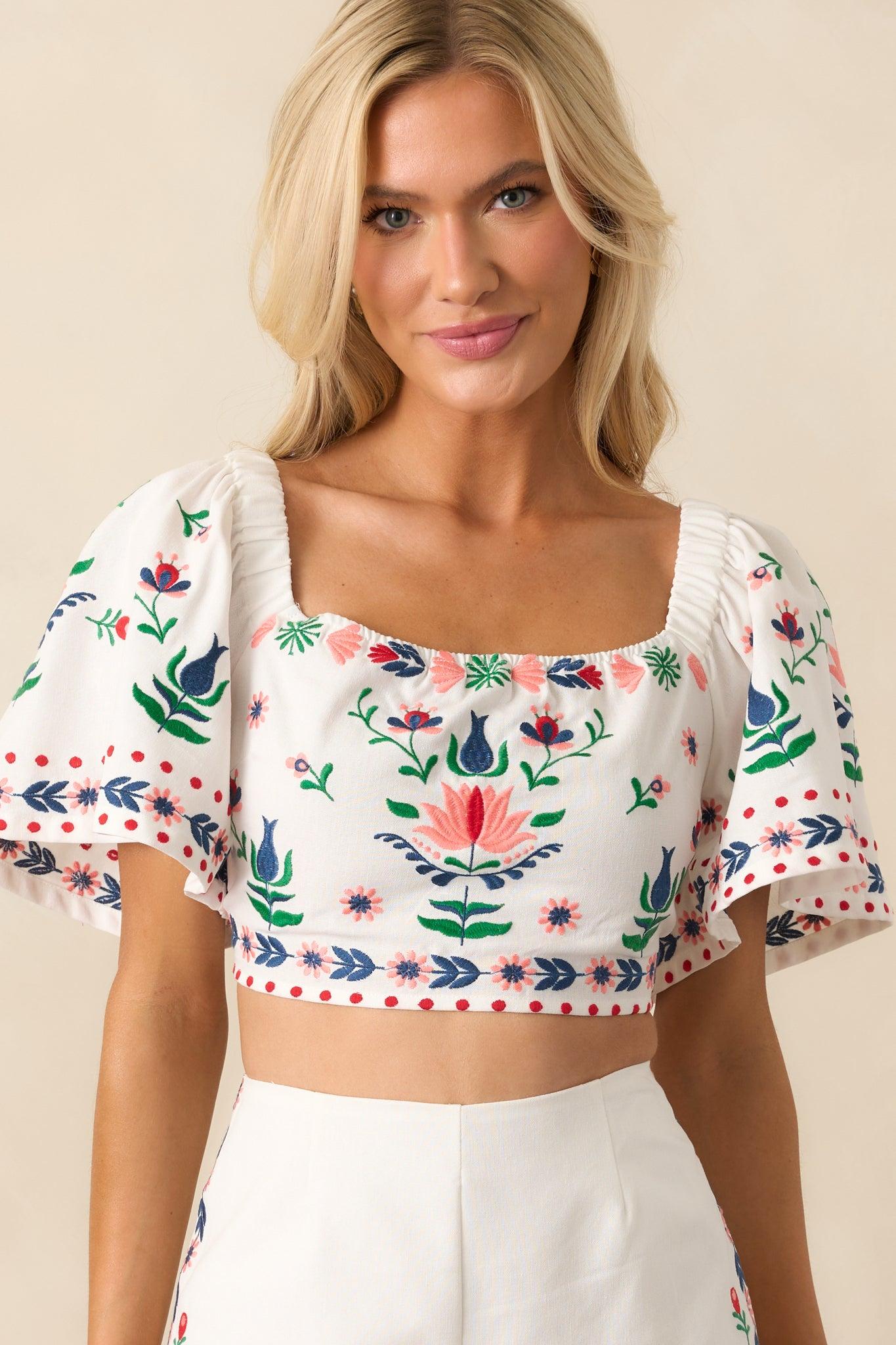This Is The Good Part Ivory Floral Embroidered Crop Top Product Image