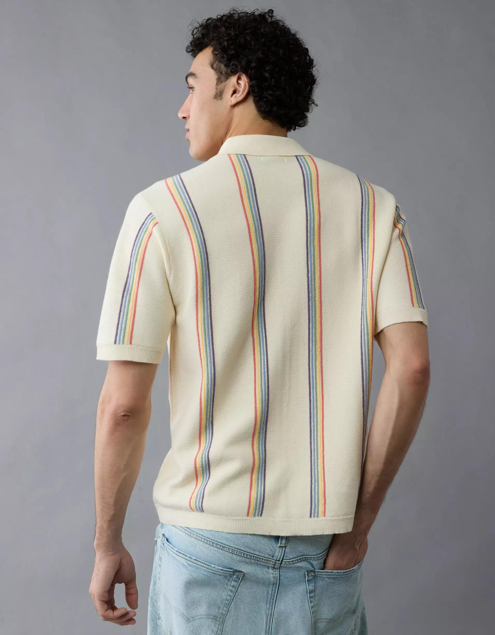 AE Pride Weekend Striped Button-Up Sweater Polo Shirt Product Image