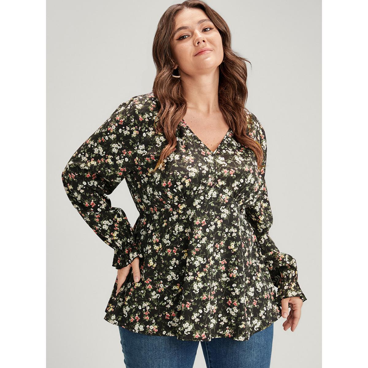 Plus Size Black Floral V Neck Lantern Sleeve Ruffles Blouse Women Elegant Long Sleeve V-neck Dailywear Blouses BloomChic 14-16/1X Product Image