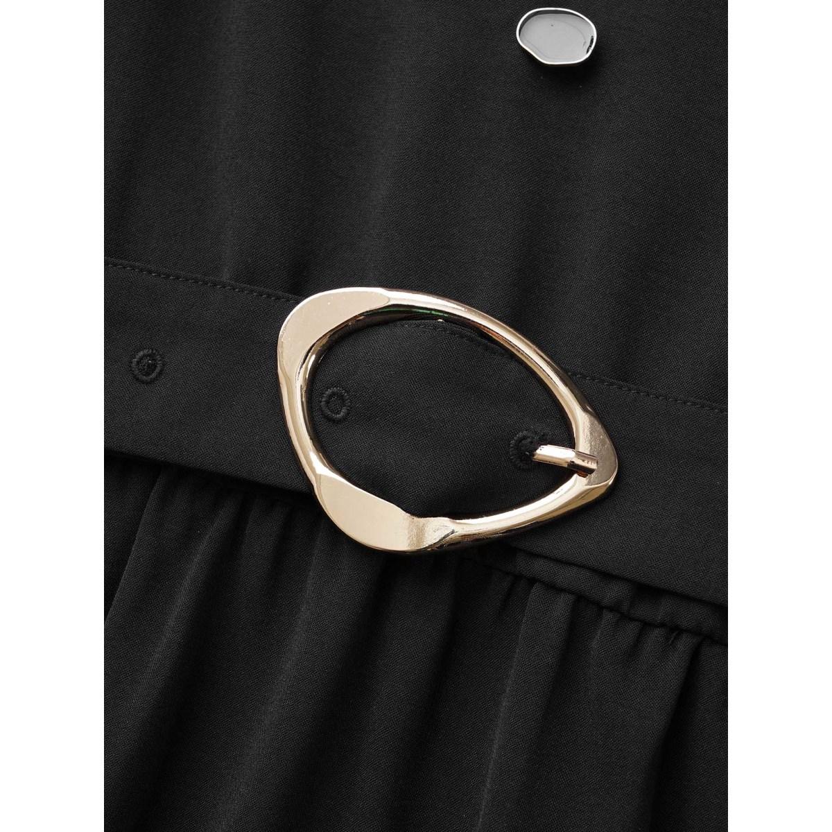 Plus Size V Neck Button Detail Belted Dress Black Women At the Office Belted V-neck Long Sleeve Curvy BloomChic 12/L Product Image