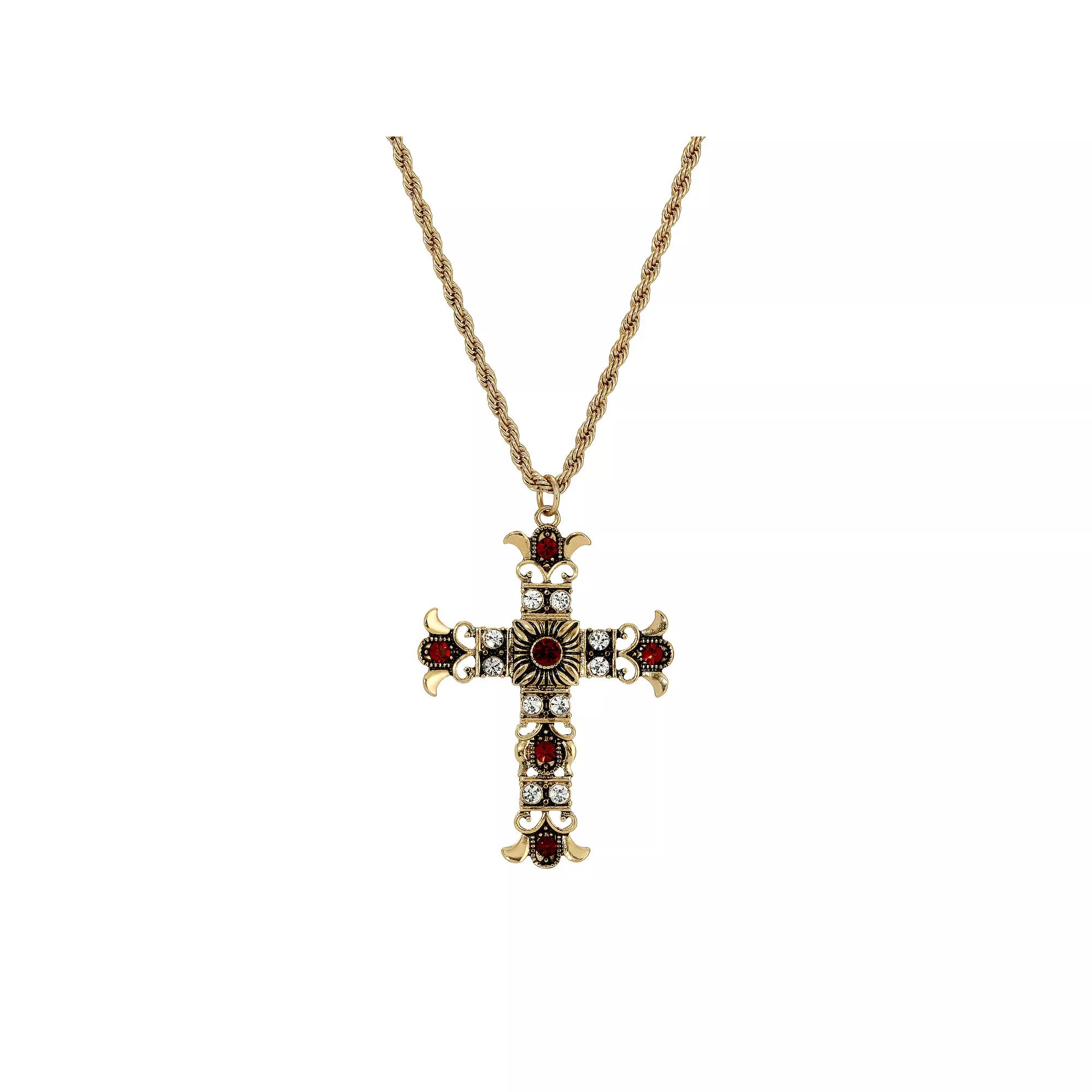 Symbols of Faith Gold Tone Crystal Cross Red Bead Necklace, Womens Product Image