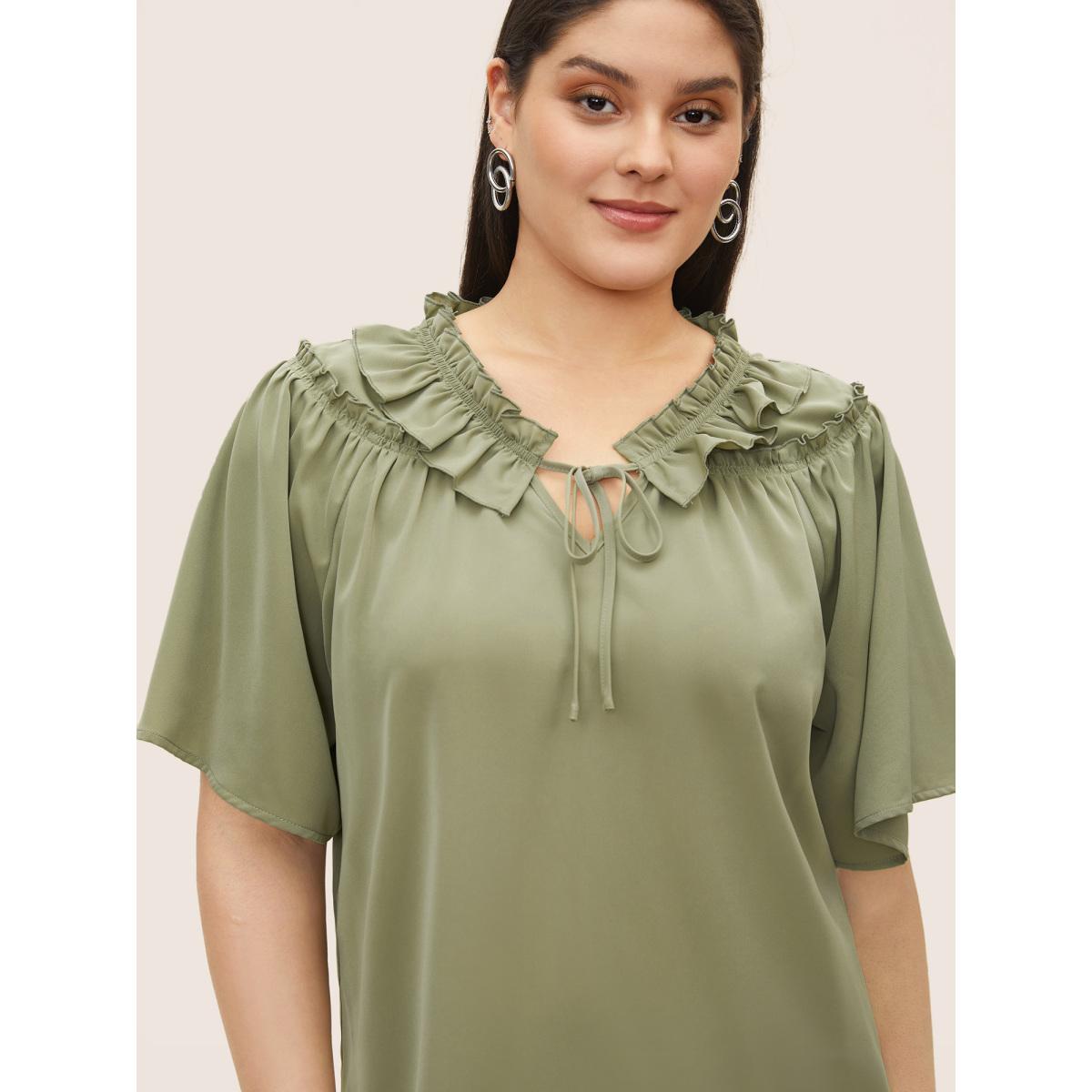Plus Size Sage Plain Frill Trim Gathered Ruffle Sleeve Blouse Women At the Office Short sleeve V-neck Office Blouses BloomChic 22-24/3X Product Image