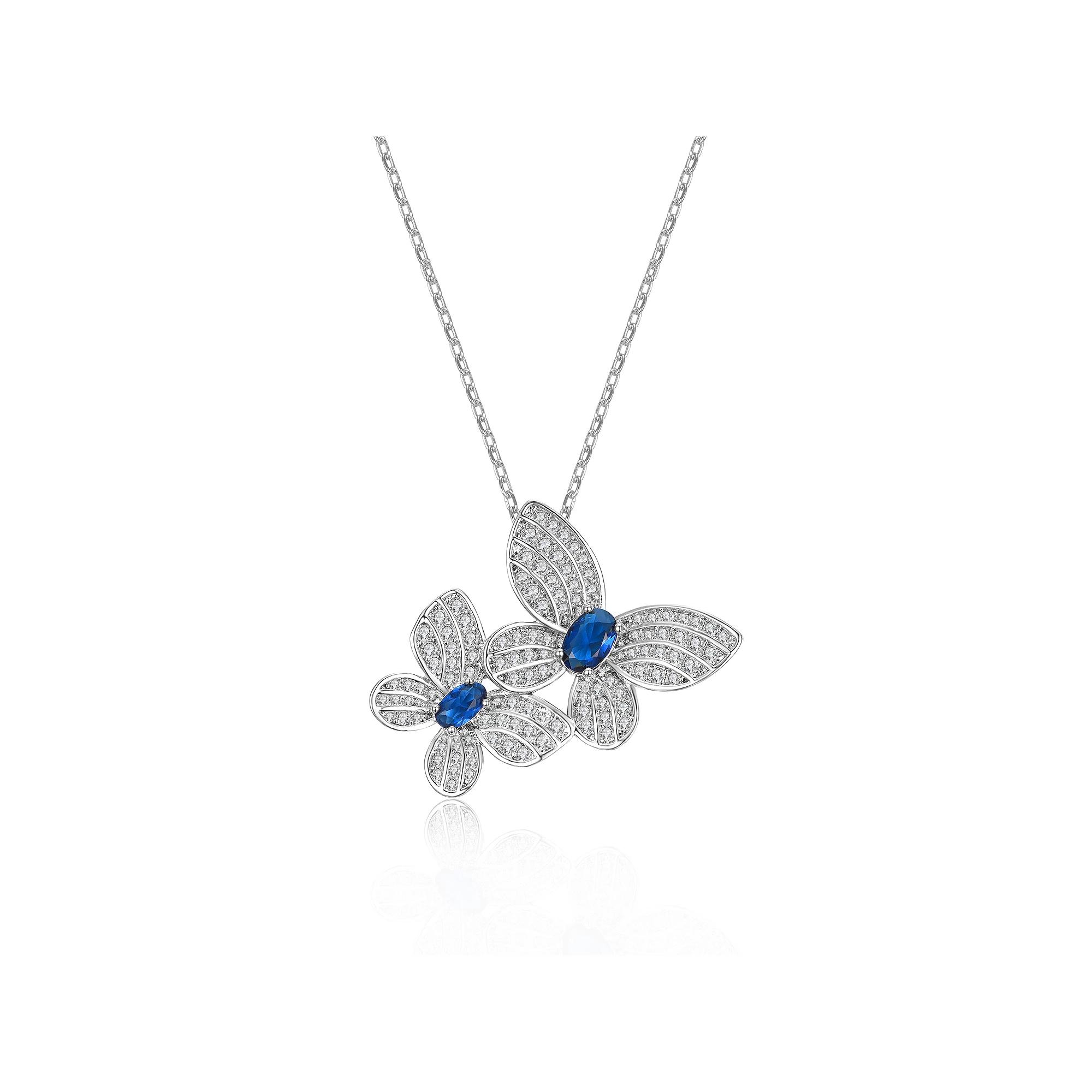 Sterling Silver Cubic Zirconia Double Fluttering Butterfly Pendant Necklace, Womens Product Image