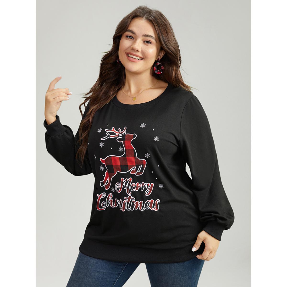 Plus Size Christmas Elk Round Neck Sweatshirt Women Black Casual Printed Festival-Christmas Sweatshirts BloomChic 14-16/1X Product Image