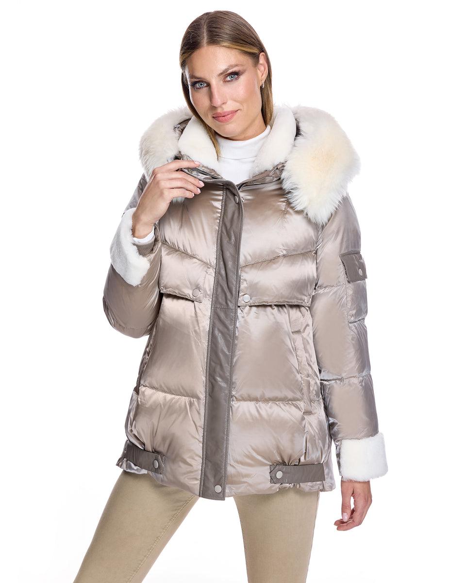 Julia & Stella by Maximilian Hooded Puffer with Lamb Trim-Maximilian Product Image