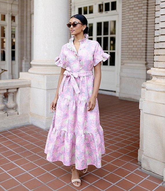 Abbey Glass Floral Print Sadie Ruffle Short Sleeve Tie Waist Tiered Pocketed Midi Dress Product Image