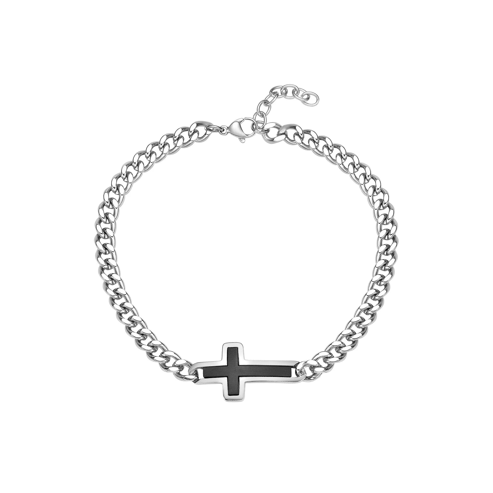 Men's LYNX Black Ion-Plated Stainless Steel Sideways Cross Curb Chain Bracelet, Size: 8.5" Product Image