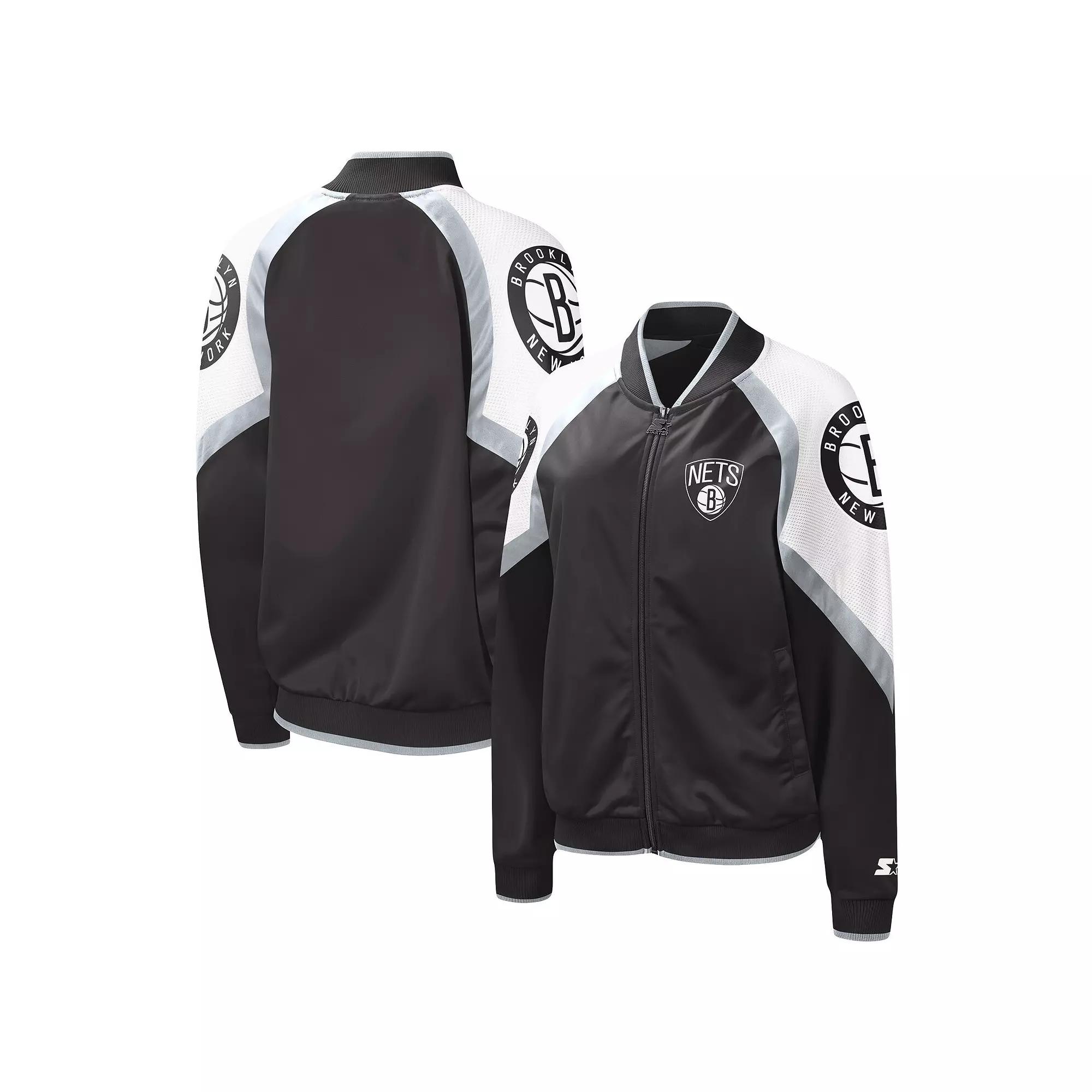 Women's Starter Black/Silver Brooklyn Nets Fan Girl Satin Raglan Full-Zip Jacket, Size: Large Product Image