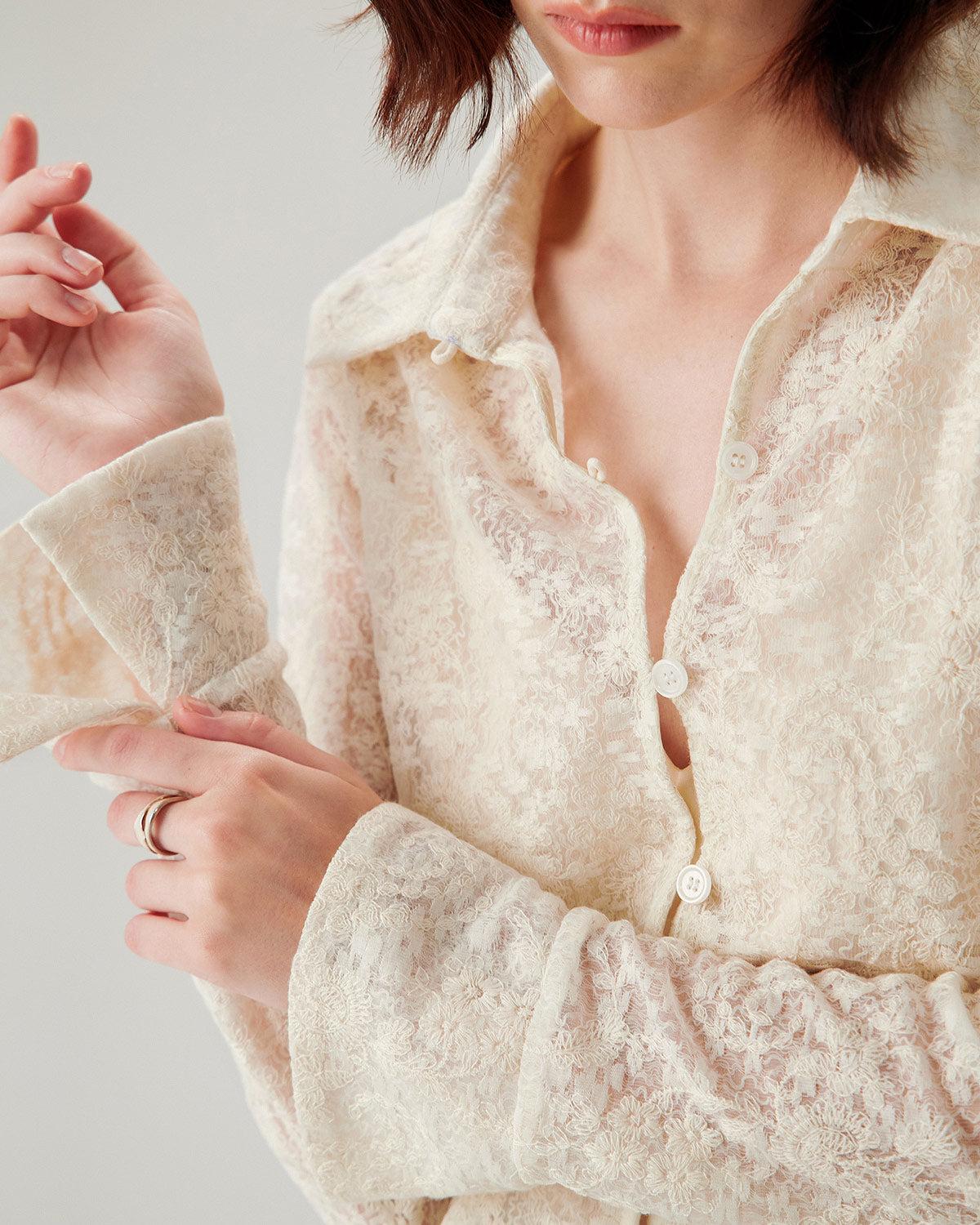 White Jacquard Bell Sleeve Button Blouse Product Image