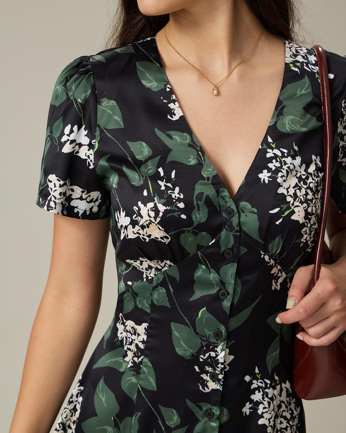 Black V Neck Floral Midi Dress Product Image
